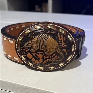 Ranch Pal Brown and Tan Tooled Leather Belt  size 38 armadillo, buckle